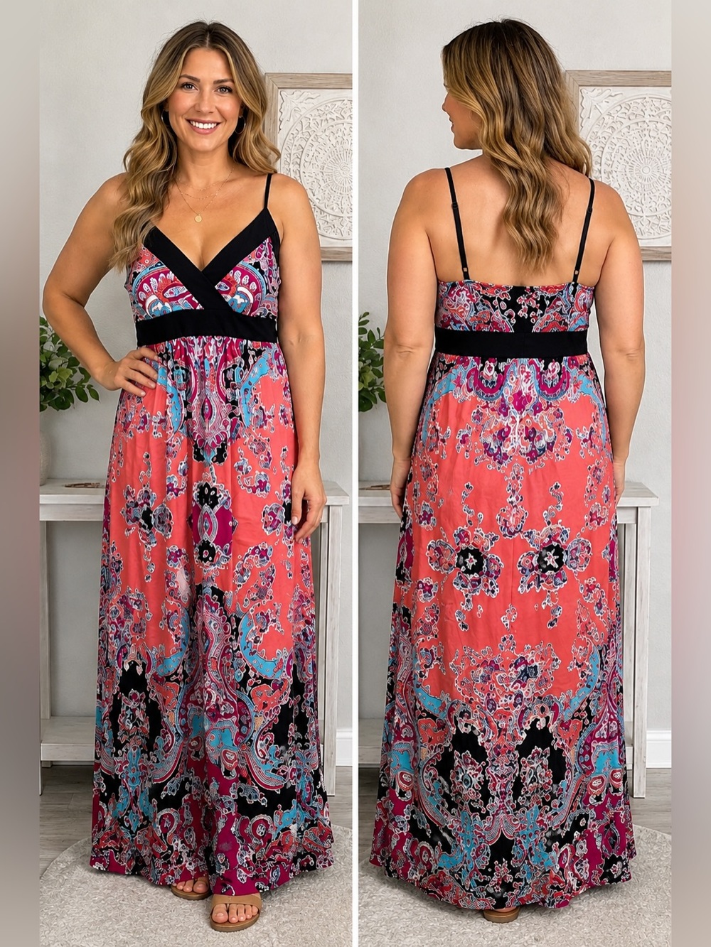 MSK Coral Paisley Maxi Dress with Black Accents